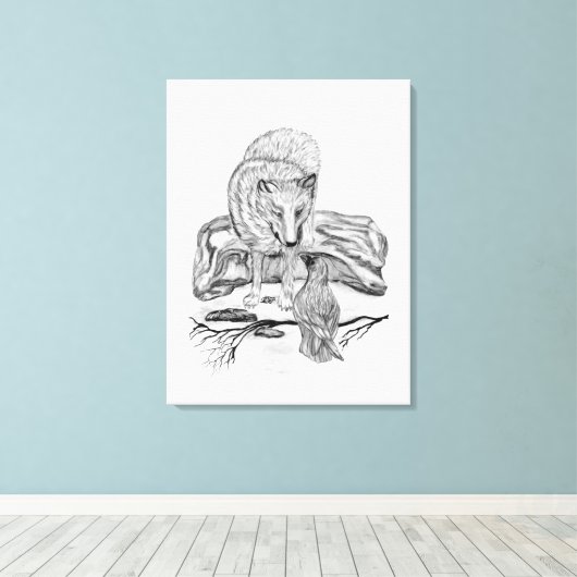 Wolf en Raven - Zwart en wit design Canvas Afdruk (Insitu (Houten vloer))