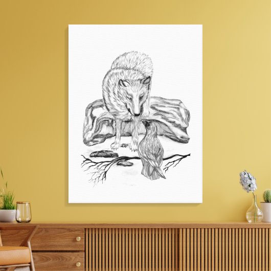 Wolf en Raven - Zwart en wit design Canvas Afdruk (Insitu (Woonkamer))