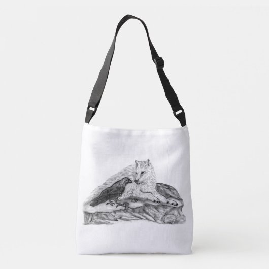 Wolf en Raven - Zwart en wit design Crossbody Tas (Achterkant)