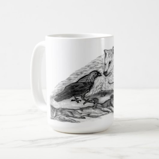 Wolf en Raven - Zwart en wit design Koffiemok (Voorkant links)