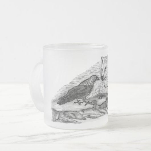 Wolf en Raven - Zwart en wit design Matglas Koffiemok (Voorkant links)