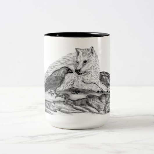 Wolf en Raven - Zwart en wit design Tweekleurige Koffiemok (Center)
