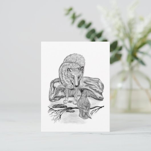 Wolf en Raven, zwart-wit Briefkaart (Staand voorkant)