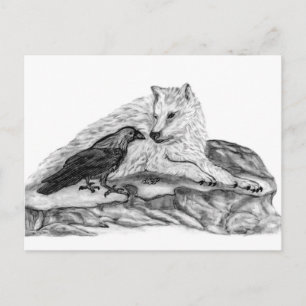 Wolf en Raven zwart-wit Briefkaart