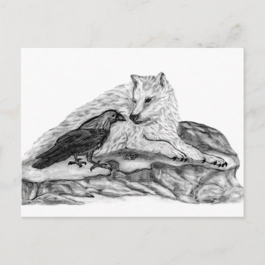 Wolf en Raven zwart-wit Briefkaart (Voorkant)