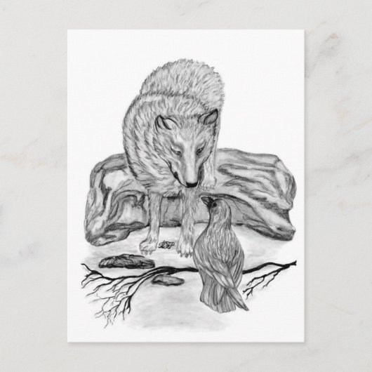 Wolf en Raven, zwart-wit Briefkaart (Voorkant)