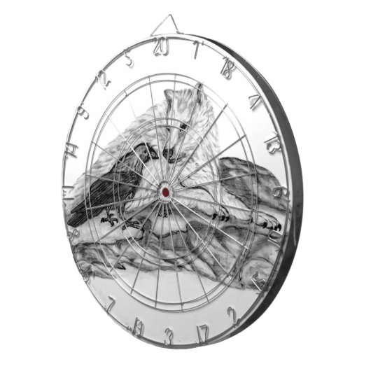 Wolf en Raven zwart-wit Dartbord (Voorkant Rechts)