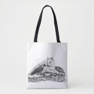 Wolf en Raven - zwart-wit design Tote Bag