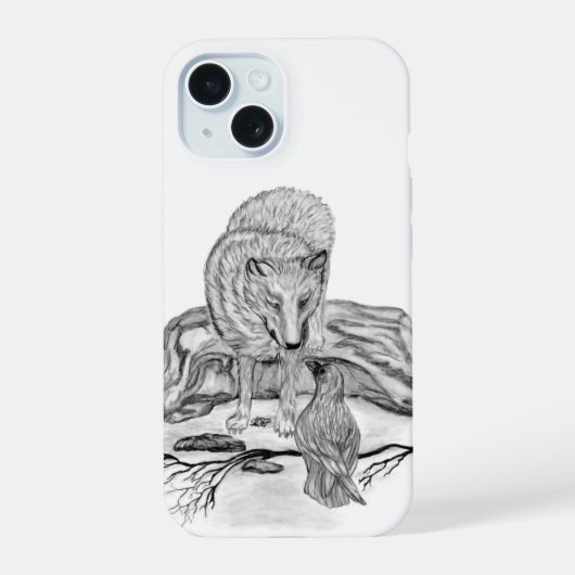 Wolf en Raven, zwart-wit iPhone 15 Case (Achterkant)