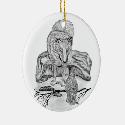 Wolf en Raven, zwart-wit Keramisch Ornament (Rechts)