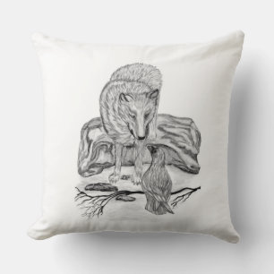 Wolf en Raven, zwart-wit Kussen
