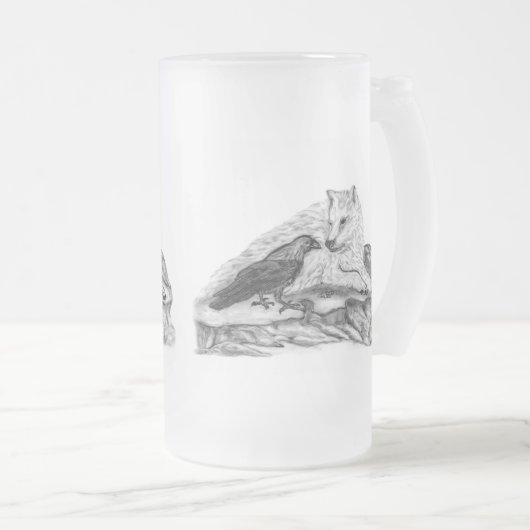 Wolf en Raven, zwart-wit Matglas Bierpul (Voorkant rechts)
