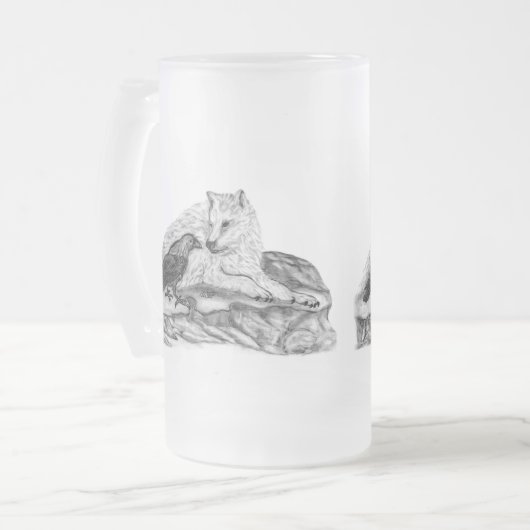 Wolf en Raven, zwart-wit Matglas Bierpul (Voorkant links)