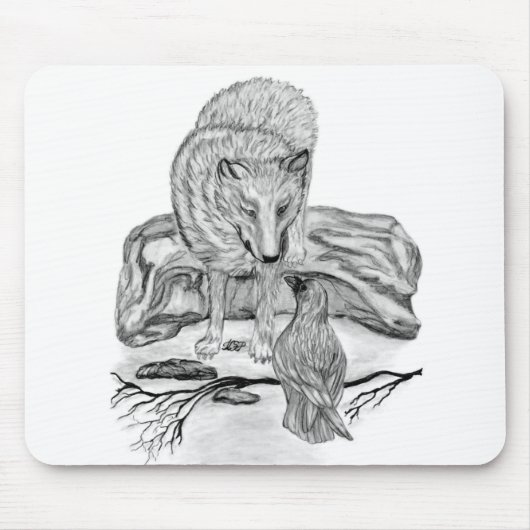 Wolf en Raven, zwart-wit Muismat (Voorkant)