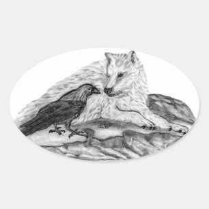 Wolf en Raven, zwart-wit Ovale Sticker