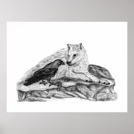 Wolf en Raven, zwart-wit Poster (Voorkant)