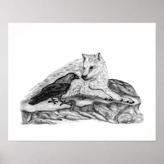Wolf en Raven, zwart-wit Poster (Voorkant)