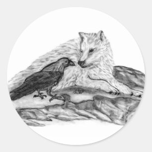 Wolf en Raven, zwart-wit Ronde Sticker