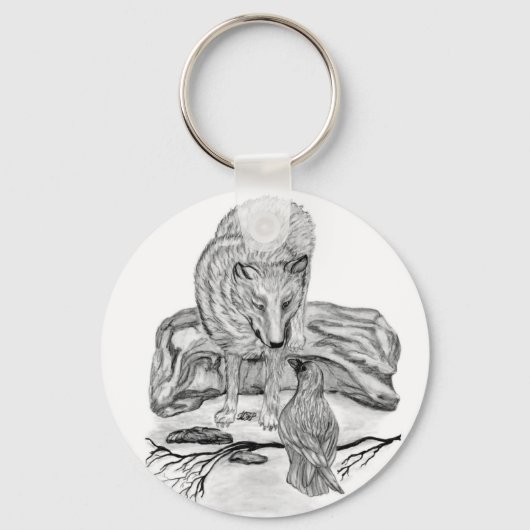 Wolf en Raven, zwart-wit Sleutelhanger (Voorkant)