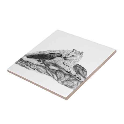 Wolf en Raven, zwart-wit Tegeltje (Zijkant)
