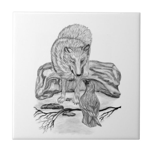 Wolf en Raven zwart-wit Tegeltje (Voorkant)