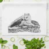 Wolf en Raven, zwart-wit Theedoek (Gevouwen)