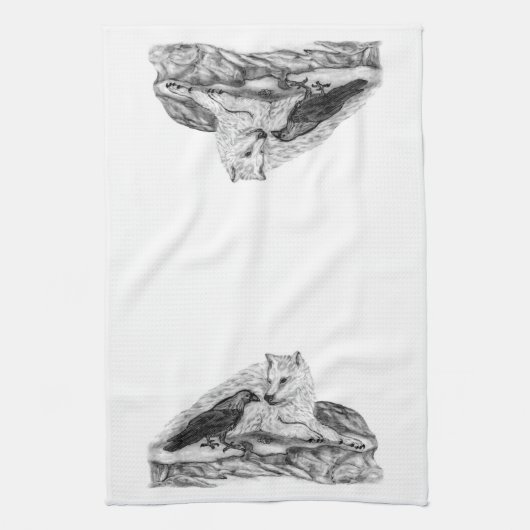 Wolf en Raven, zwart-wit Theedoek (Verticaal)