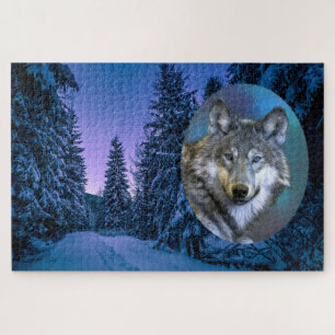 Wolf en sneeuw bedekt met winterbos onder de Star Legpuzzel