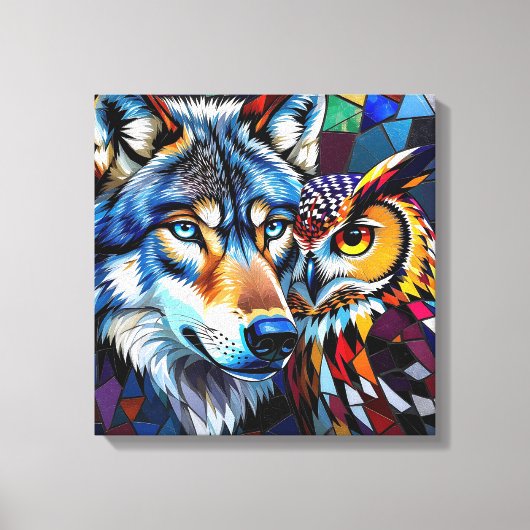 Wolf en Uil Levendig en Kleurrijk Canvas Afdruk (Voorkant)