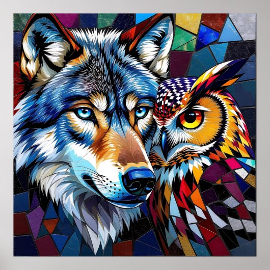 Wolf en Uil Levendig en Kleurrijk Poster (Voorkant)