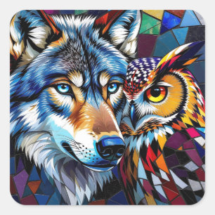 Wolf en Uil Levendig en Kleurrijk Vierkante Sticker