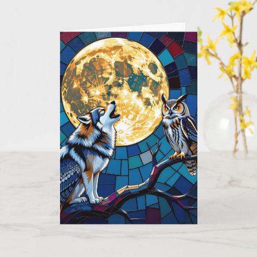 Wolf en Uil Mozaïek Kunst | Gelukkige verjaardag Kaart (Gele Bloem)