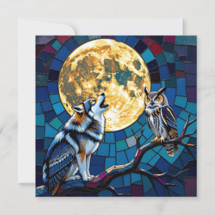 Wolf en Uil Mozaïek Kunst Hoi zeggen Feestdagenkaart
