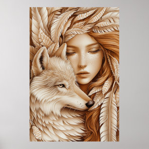 Wolf en vrouw in veren poster