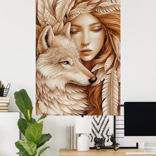Wolf en vrouw in veren poster (Thuiskantoor)