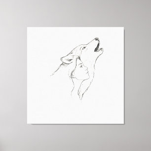 Wolf en Vrouw Minimalistische Lijnkunst Wandtapijt Canvas Afdruk