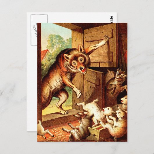 Wolf en zeven jonge Kinderen ~ Fairy Tale Art Pain Briefkaart (Voorkant / Achterkant)