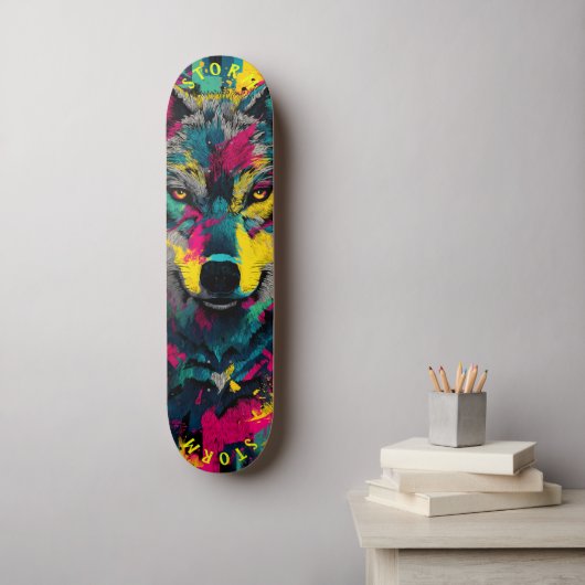 Wolf Face Neon Graffiti Art – Limited Edition Persoonlijk Skateboard (Muurkunst)