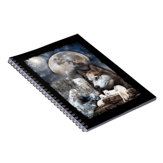 Wolf Family Moon Winter Mountain Wolves Notitieboek (Rechterzijde)