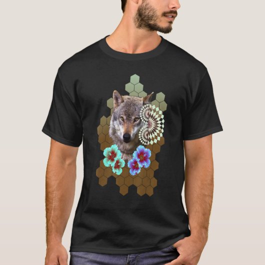 Wolf Floral Flower Alien Honeycomb Olive to Brown T-shirt (Voorkant)