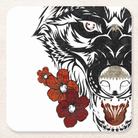 Wolf Flower Tatoo  Kartonnen Onderzetters (Voorkant)