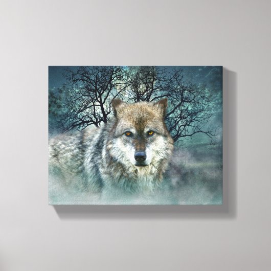 Wolf Full Moon in mist Canvas Afdruk (Voorkant)