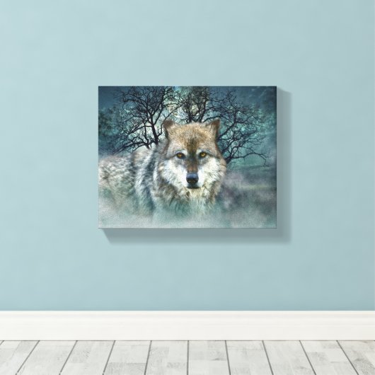 Wolf Full Moon in mist Canvas Afdruk (Insitu (Houten vloer))