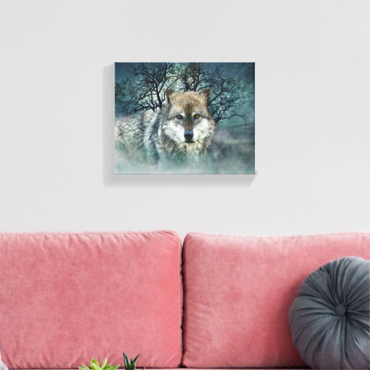 Wolf Full Moon in mist Canvas Afdruk (Insitu (Woonkamer))