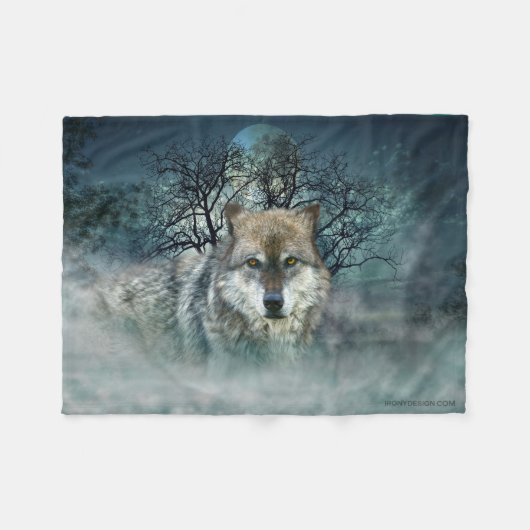 Wolf Full Moon in mist Fleece Deken (Voorkant (Horizontaal))