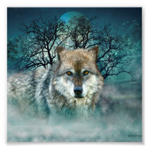 Wolf Full Moon in mist Foto Afdruk