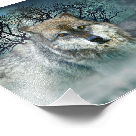 Wolf Full Moon in mist Foto Afdruk (Hoek)