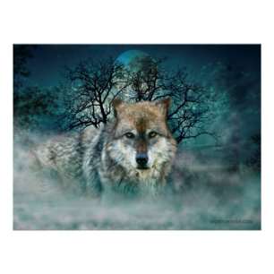 Wolf Full Moon in mist Poster