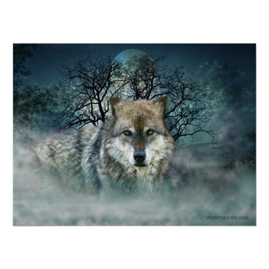 Wolf Full Moon in mist Poster (Voorkant)