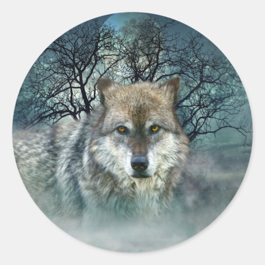Wolf Full Moon in mist Ronde Sticker (Voorkant)